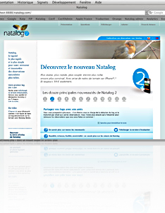 <br />Natalog (logiciel d'ornithologie) : logo, interface utilisateur, site web, emailing