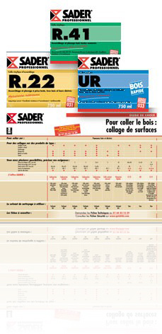 <br />Sader Pro (colles et mastics professionnels) : conception g�n�rale, conception graphique, illustration, ex� des packagings